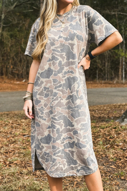 Western Camouflage Print Drop Shoulder Side Slit T Shirt Dress