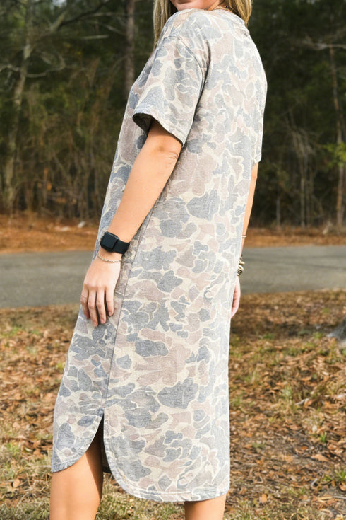 Western Camouflage Print Drop Shoulder Side Slit T Shirt Dress