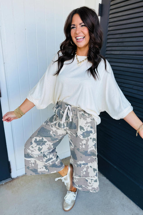 Western Camouflage Print Lace Up Raw Edge Pocketed Pants