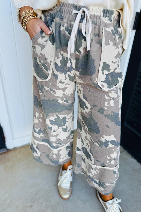 Western Camouflage Print Lace Up Raw Edge Pocketed Pants