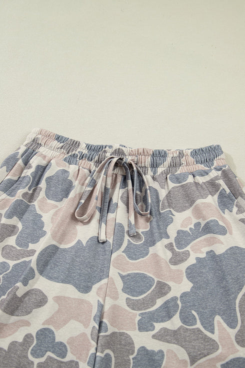 Western Camouflage Print Loose Tee Drawstring Short Set