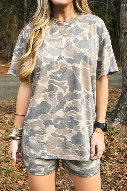 Western Camouflage Print Loose Tee Drawstring Short Set