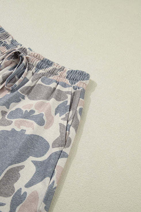 Western Camouflage Print Loose Tee Drawstring Short Set