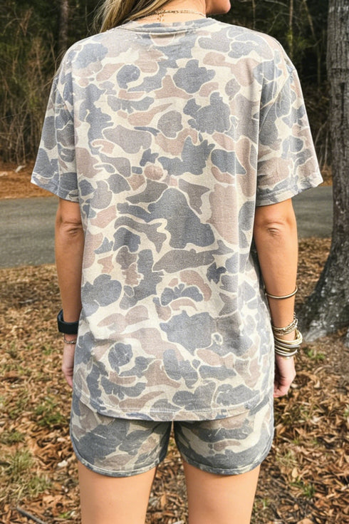 Western Camouflage Print Loose Tee Drawstring Short Set