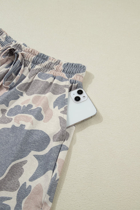 Western Camouflage Print Loose Tee Drawstring Short Set