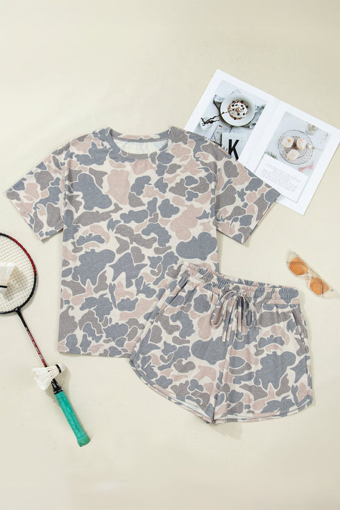 Western Camouflage Print Loose Tee Drawstring Short Set