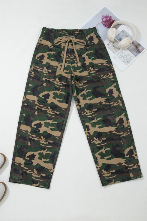 Western Camouflage Print Patch Pocket Wide Leg Barrel Jeans