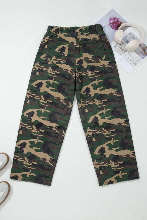 Western Camouflage Print Patch Pocket Wide Leg Barrel Jeans