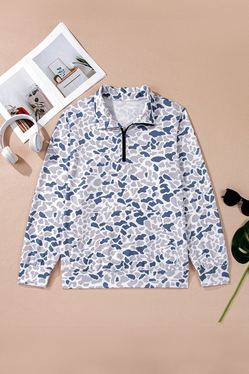 Western Camouflage Print Quarter Zip Kangaroo Pocket Pullover Sweatshirt