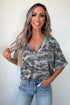 Western Camouflage Print Raw Edge V Neck Tee