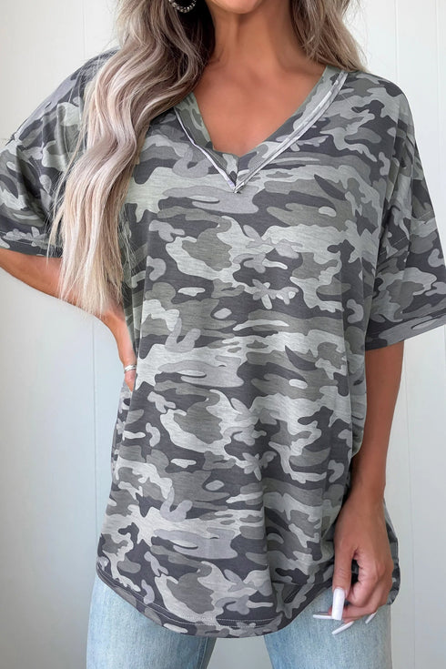 Western Camouflage Print Raw Edge V Neck Tee
