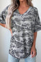 Western Camouflage Print Raw Edge V Neck Tee