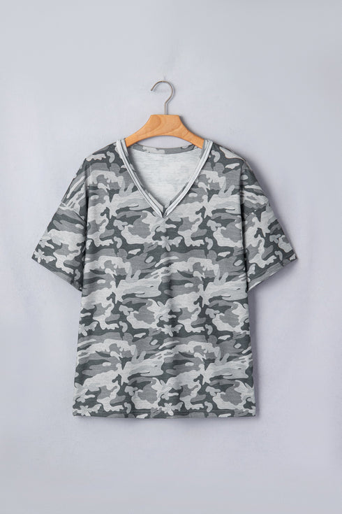 Western Camouflage Print Raw Edge V Neck Tee