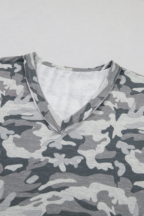 Western Camouflage Print Raw Edge V Neck Tee