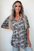 Western Camouflage Print Raw Edge V Neck Tee