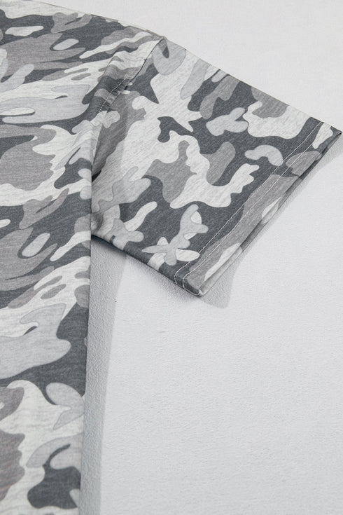 Western Camouflage Print Raw Edge V Neck Tee