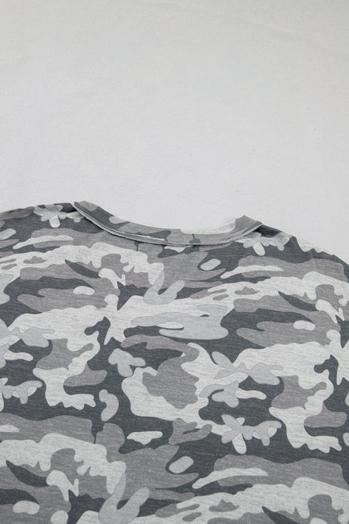 Western Camouflage Print Raw Edge V Neck Tee