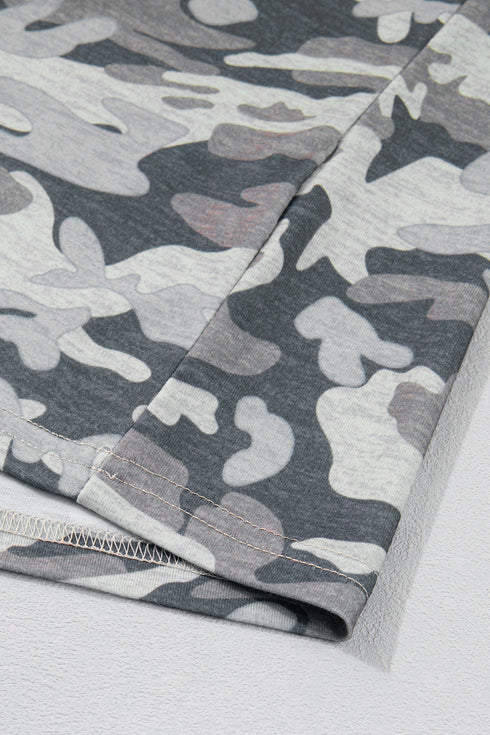 Western Camouflage Print Raw Edge V Neck Tee