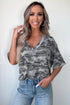 Western Camouflage Print Raw Edge V Neck Tee