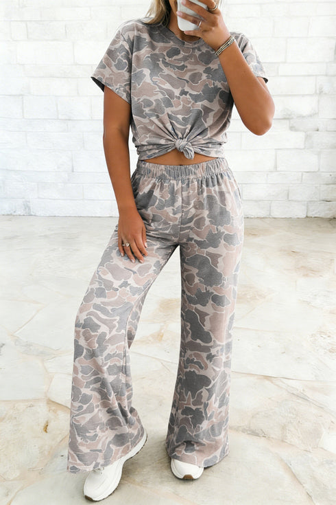 Western Camouflage Print Short Sleeve Wide Leg Pant Set