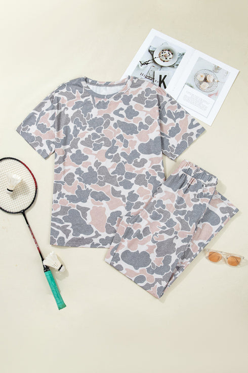 Western Camouflage Print Short Sleeve Wide Leg Pant Set
