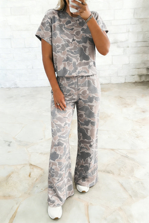Western Camouflage Print Short Sleeve Wide Leg Pant Set