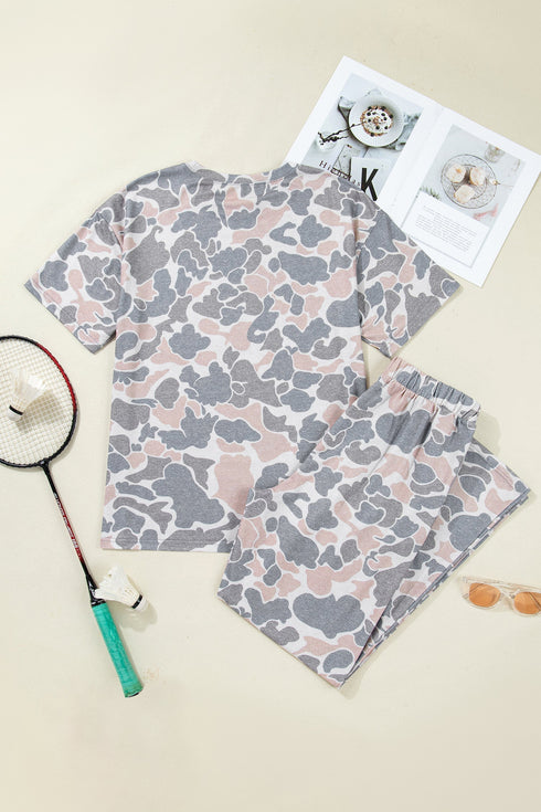 Western Camouflage Print Short Sleeve Wide Leg Pant Set