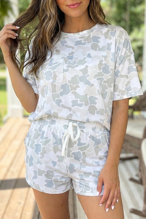 Western Camouflage Print Tee Drawstring Short Set
