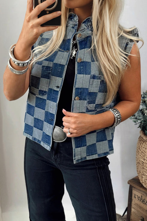 Western Checkered Ruffle Trim Button Down Denim Vest