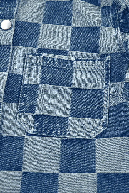 Western Checkered Ruffle Trim Button Down Denim Vest