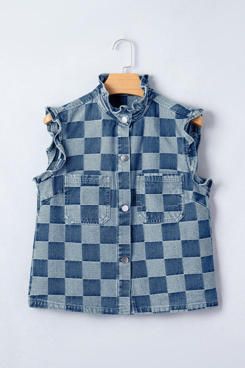 Western Checkered Ruffle Trim Button Down Denim Vest