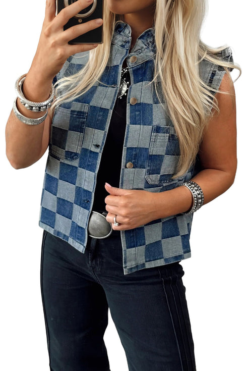 Western Checkered Ruffle Trim Button Down Denim Vest