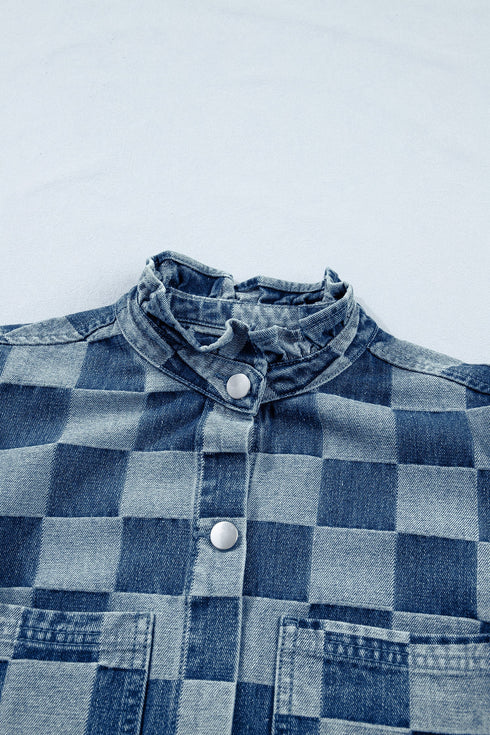 Western Checkered Ruffle Trim Button Down Denim Vest