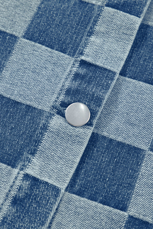 Western Checkered Ruffle Trim Button Down Denim Vest