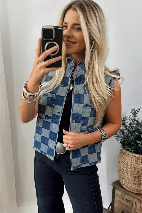 Western Checkered Ruffle Trim Button Down Denim Vest