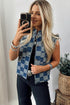 Western Checkered Ruffle Trim Button Down Denim Vest