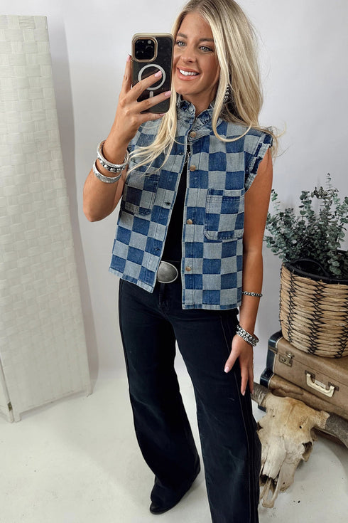 Western Checkered Ruffle Trim Button Down Denim Vest