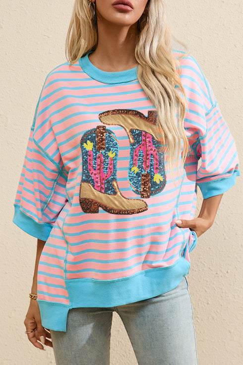 Western Chic Stripe Sequin Cactus Boots Graphic Half Sleeve T-Shirt