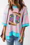 Western Chic Stripe Sequin Cactus Boots Graphic Half Sleeve T-Shirt