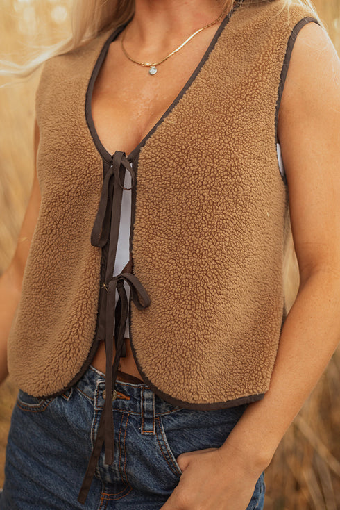 Western Contrast Trim Tie Front Textured Sherpa Vest