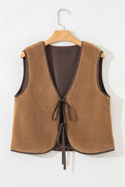 Western Contrast Trim Tie Front Textured Sherpa Vest