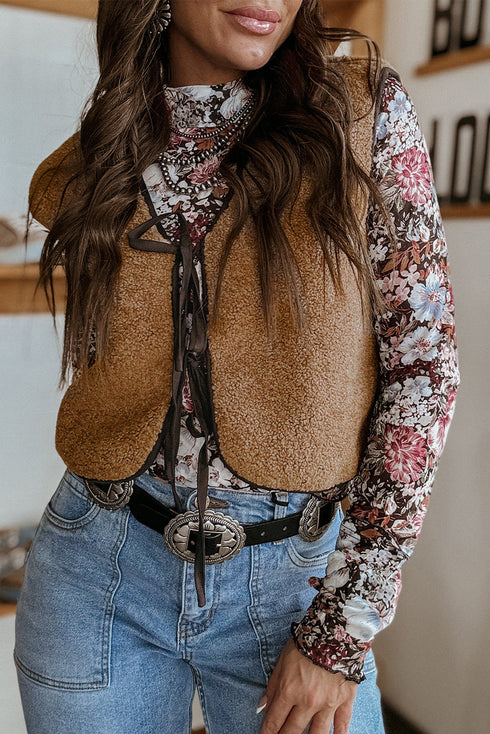 Western Contrast Trim Tie Front Textured Sherpa Vest