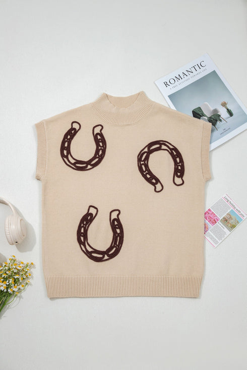 Western Corded Horseshoe Ribbed Mock Neck Short Sleeve Sweater