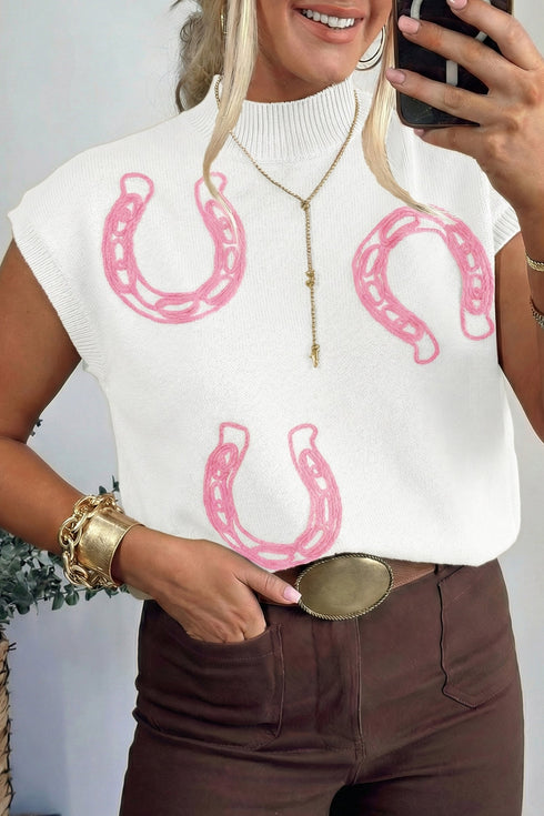 Western Corded Horseshoe Ribbed Mock Neck Short Sleeve Sweater