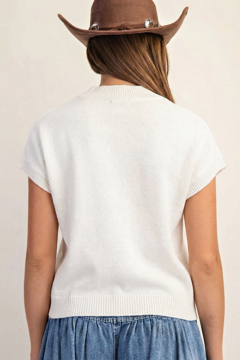 Western Corded Horseshoe Ribbed Mock Neck Short Sleeve Sweater