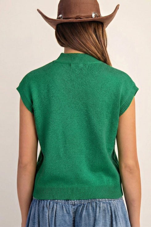 Western Corded Horseshoe Ribbed Mock Neck Short Sleeve Sweater