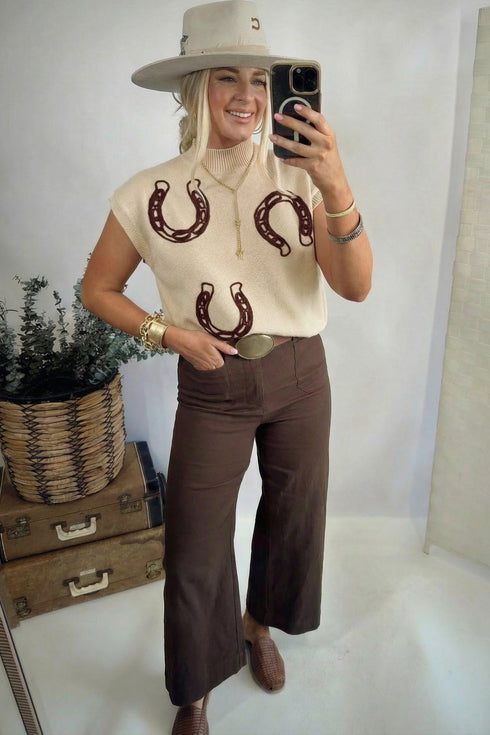 Western Corded Horseshoe Ribbed Mock Neck Short Sleeve Sweater