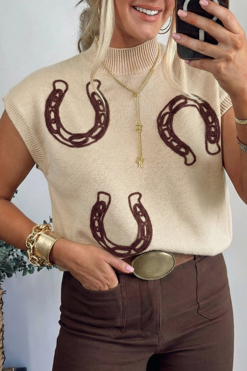 Western Corded Horseshoe Ribbed Mock Neck Short Sleeve Sweater