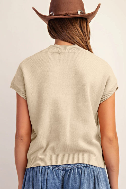 Western Corded Horseshoe Ribbed Mock Neck Short Sleeve Sweater
