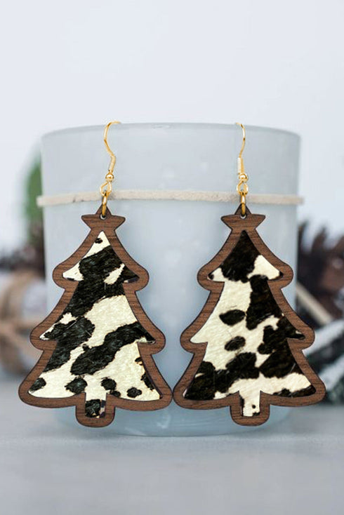 Western Cow Print Wooden Tree Dangle Earrings